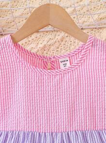 Elladie kids Young Girl Colorblock Striped Round Neck Cap Sleeve Casual Dress, Summer Girls Summer Dress Girls Pastel Dress Kids Ruffle Dress Rainbow Striped Dress Tiered Ruffle Dress, School, Campus, College - Multicolor - View 3