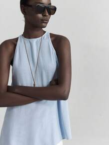 Ontre 2025新款音乐节、演唱会、乡村音乐节女士音乐活动，度假风圆领镂空无袖亚麻材质米色女式上衣，春夏日常休闲浅蓝色女式上衣，女士亚麻上衣，女士无袖上衣沙滩装，波西米亚风度假装，四季皆宜的ins明星同款度假风，异域风情，乡村演唱会，西部风服装，高档面料，舒适透气 - 藍色 - 查看 6