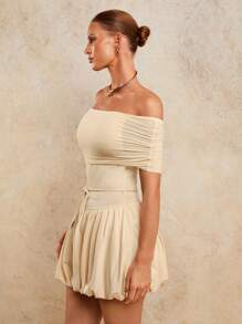 COSMINA Women's Elegant Mesh Ruched Mini Dress With Sleeves, Early Autumn - Beige - View 4