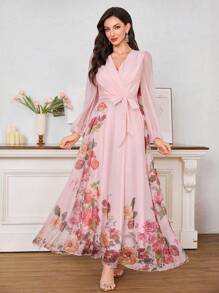 Modelyn Elegant Fitted Floral Bodycon Dress For Women, Slimming & Luxurious - Pink - View 6