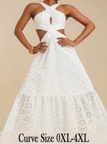 SHEIN VCAY Plus Size Summer White Embroidered Flowy Maxi Dress, Backless Bowknot Maxi Dress, Waist Hollow Design Slimming Maxi Dress, Romantic Island Boho Maxi Dress - White - View 1