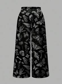 ROMWE Goth Pantalones anchos y sueltos de talla grande para mujer con estampado completo de calavera gótica, palacio oscuro, polilla, planta, mariposa y hoja de seta, para Halloween