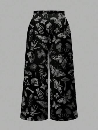 Goth Plus Size Women Mysterious Witch Gothic Palace Dark Skull Moth Plant Floral Butterfly Mushroom Leaf Allover Print Loose Wide Leg Pants