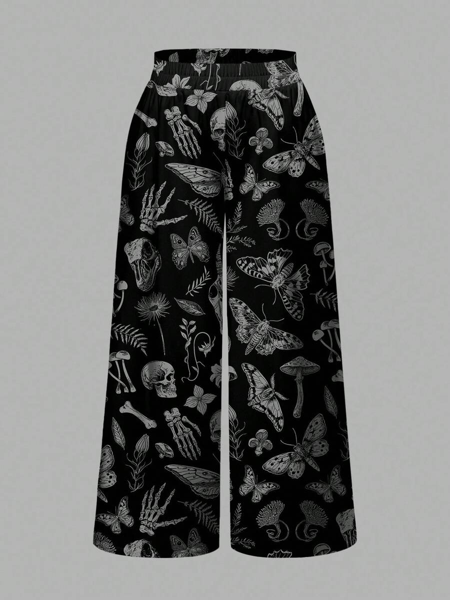 ROMWE Goth Pantalones anchos y sueltos de talla grande para mujer con estampado completo de calavera gótica, palacio oscuro, polilla, planta, mariposa y hoja de seta, para Halloween
