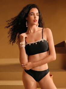 Swim Chiccia Conjunto de Maiô Bikini com Saia de Cobertura, Alças de Espaguete e Recorte Contrastante, Ideal para Férias e Praia - Preto - Visão 6