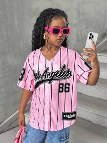 少女时尚街头条纹编织黑色字母印花短袖衬衫粉色棒球衫街头潮酷棒球衬衫 - 粉色 - 查看 5
