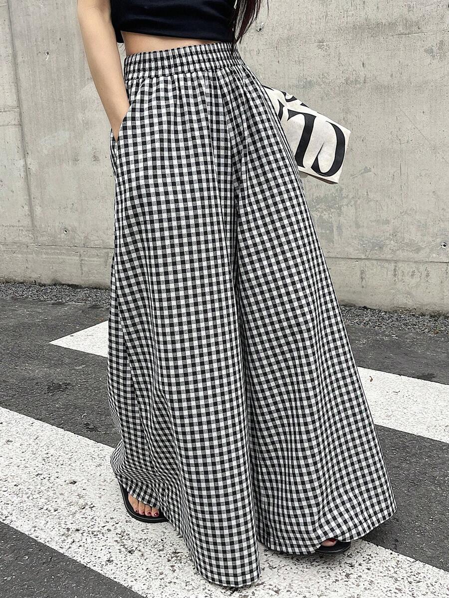 DAZY Spring And Summer Checked High Waist Wide Leg Pants With Elastic Waistband Plaid - Black - View 1