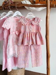 SHEIN Vintaside Kids Young Girl Summer Casual Peter Pan Collar Blouse And Pants Set