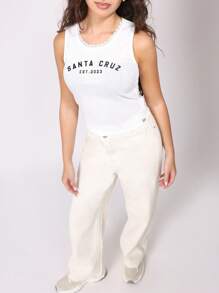 SUMWON Santa Cruz 蕾丝边无袖背心，带复古标志设计，夏季分层罗纹针织风格休闲短款背心