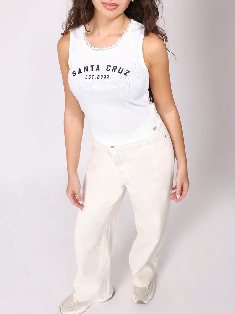 Lace Trim Ribbed Tank Top With Vintage Logo