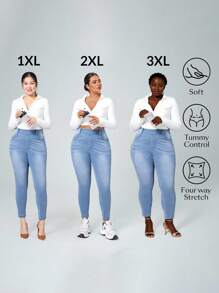 Flexra Women Plus Size Solid Color Elastic Waist Stretch Pockets Skinny Jeans - Blue - View 3