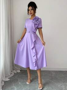 SHEIN Raffinéa Đầm maxi nữ cao cấp, thanh lịch, cổ vuông, tay phồng, họa tiết hoa 3 chiều, eo xếp ly, viền sóng, thích hợp cho mùa xuân hè, màu tím, dáng dài ngang gối, dự tiệc cưới, mùa hè. - Màu tím - Xem 8