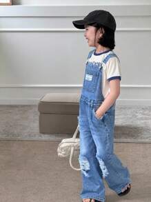 DENIMLY YOUNG Cô gái trẻ THƯỜNG NGÀY ĐỂ CHUẨN BỊ NGOÀI TRỜI CẢ NĂM PHẢI CÓ COOL MAX VẢI COTTON NHẸ GIẶT LẠI NHẸ QUẦN JUMPSUITS DENIM RÁCH, Dây đeo có thể điều chỉnh và năm túi cổ điển, Cài nút ở bên hông - Rửa nhẹ - Xem 6