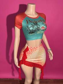 Slaydiva 2025 Große Größen Neuer Sommer Lässig Street Retro Alltag Dating Musik Festival Rundhals Kurzarm Rot und Grün Kontrast Slogan Grüne Pflanze Bedrucktes Kurzes T-Shirt + Asymmetrischer Saum Rüschen Verzierter Hüft-Rock Komplett-Outfit - Verschiedenfarbig - Übersicht 12