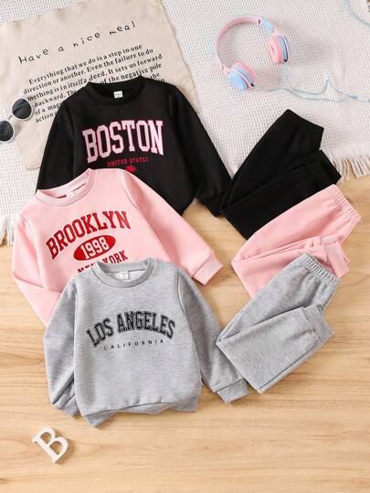 少女休闲字母印花卫衣和裤子三件套，多色