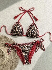 Soleia Women's Vintage Colorful Leopard Print Frill Tie Neck Tassel Decorated Bikini Set Set, Ideal For Summer Beach Leopard Print Bikini Leopard Bikini Set Tie Side Bikini Off The Shoulder Christmas Tops For School Back To School Outfits Women Back To School Women's Fall Clothes Goth Women Clothing Club Outfits Women Sexy Halloween Costumes Going Out Outfits Concert Outfits Country Concert Outfit