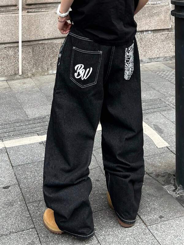 Manfinity Streetrush Street Fashion Print Men's Denim Jeans Streetwear Pants Men Baggy Jeans Men College Hang Out Urban Street