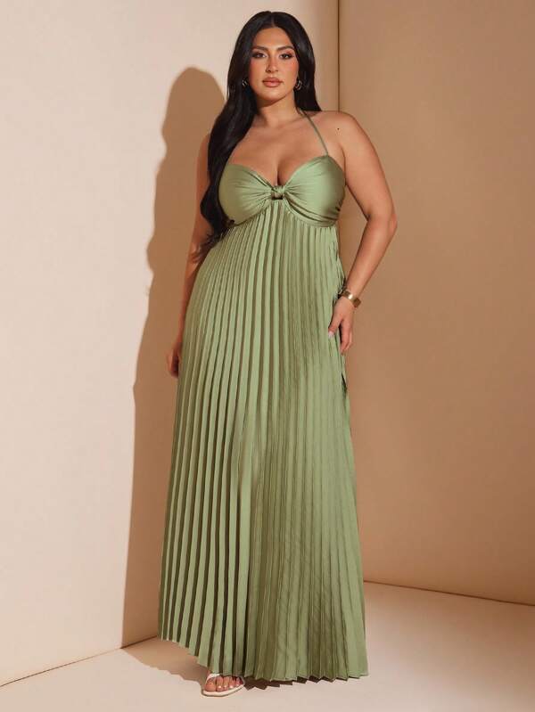 SHEIN BAE Plus Size Women's Summer Sexy Elegant Solid Color Pleated Ruched Backless Tie Neck Maxi Dress,Fall Women Clothes,Halloween,Back To School Clothes,School Clothes,Christmas,Winter,Summer Dresses For Women,Wedding Guest Dress Women Curve,Plus Size Dresses,Birthday Outfits For Women,Vacation Outfits Woman,Formal Dresses For Women,Western Wear Women