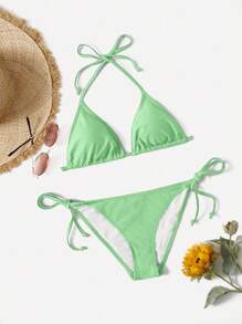 SHEIN Swim Women's Green Bikini Swimsuit Set, Triangle Cup, Halter Neck, Tie Closure, Suitable For Spring & Summer Beach Vacation - Mint Green - View 3