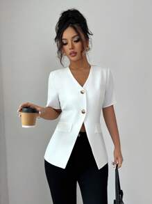 Selianne Women's Elegant White Summer Office Jacket,V-Neck Short Sleeve Contrast Lace Trim Cinched Waist Blazer,Suitable For Commuting,Dates & Daily Outings - White - View 6
