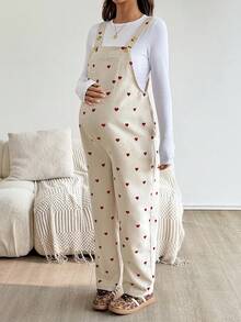 SHEIN 孕妇休闲全身心印花可调节腰部和背部支撑连体裤 - 杏色 - 查看 8