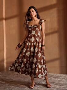 MOTF PREMIUM WOMEN SQUARE NECK HOLLOW OUT EMBROIDERED WAIST BUCKLE BELTED LONG DRESS - Brown - View 4
