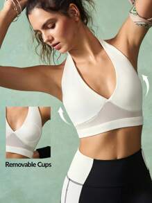 VARSIVA Women's Solid Color Gym Top Mesh Spliced Scoop Back Sports Bra - White - View 2