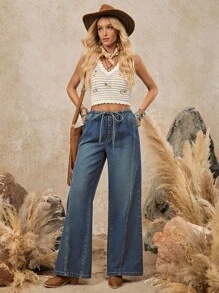 LanaWest 女式休闲日常水洗抽绳腰阔腿牛仔裤 - 深色水洗藍 - 查看 3