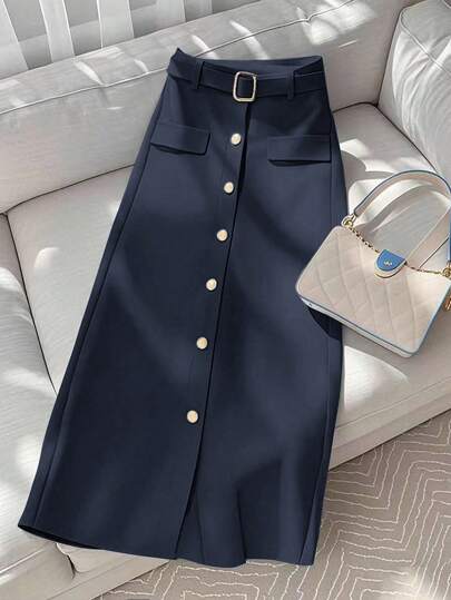 GlowEve Women's Casual Commute Solid Color Front Button Skirt Fall Cloth For Women