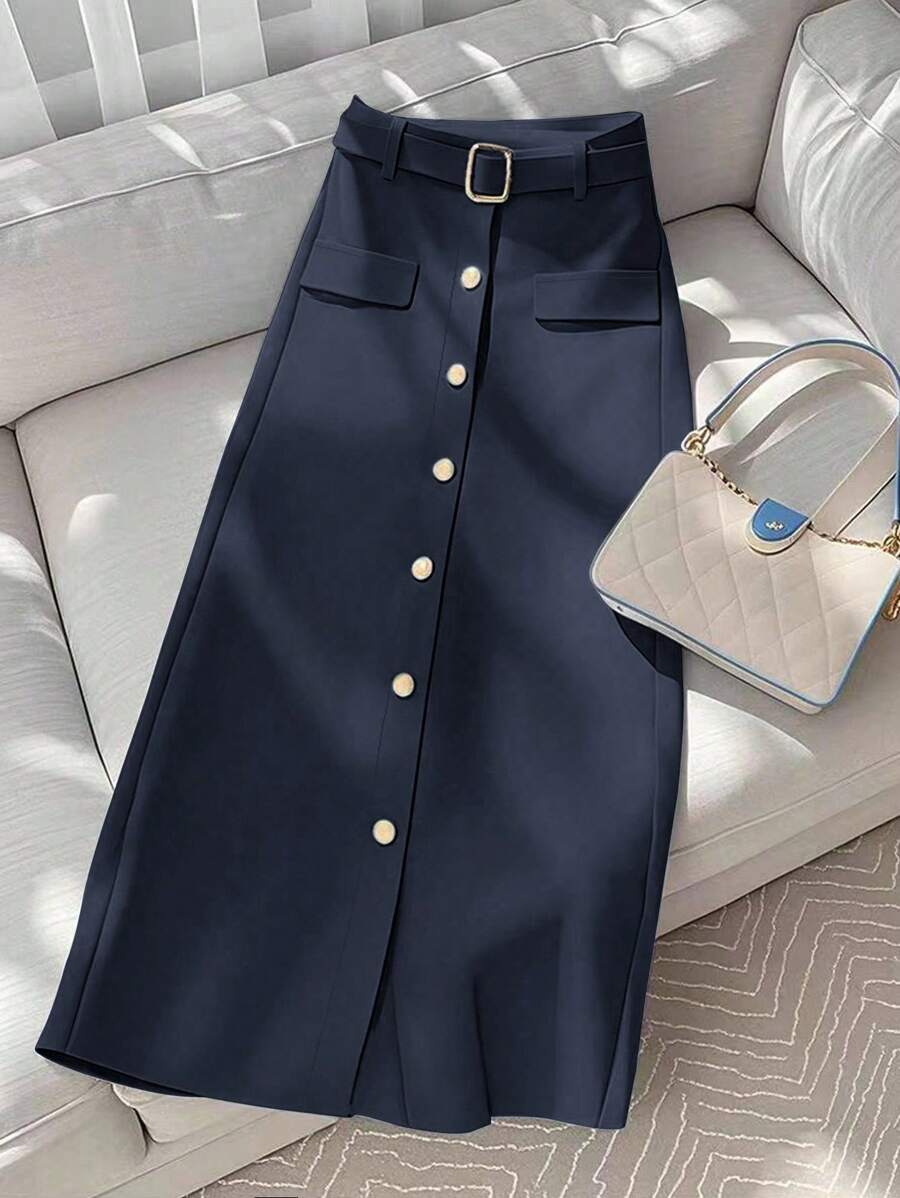 GlowEve 女士休闲通勤纯色前扣半身裙 - 藏蓝色 - 查看 1