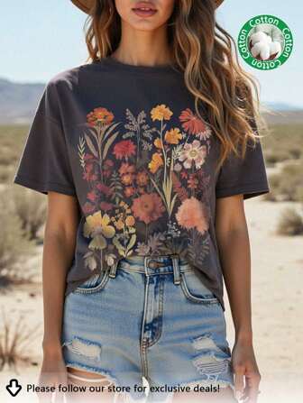 Tseoso Lässiges, schmal geschnittenes Damen Baumwoll-T-Shirt mit Blumengrafik und Rundhalsausschnitt, Kurzarm, geeignet für den Sommer