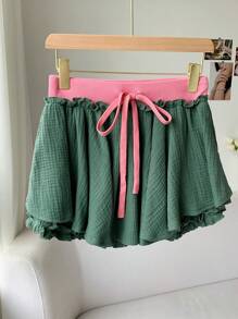 Comfortcana Falda casual de verano para mujer con bloque de color, cintura con cordón y bajo recogido - Verde militar - Ver 4