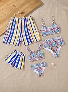 Baby Boy New Summer Striped Casual Drawstring Swim Shorts, Vacation Family Matching (4 Pieces Sold Separately) - Blue - View 1
