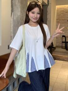 DAZY 女士格子拼布圆领韩版短袖T恤 - 白色 - 查看 6