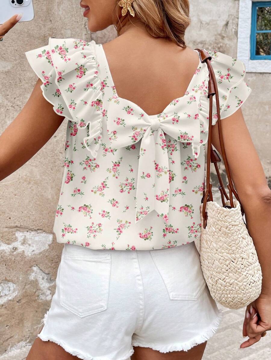 SHEIN LUNE Women's Casual Ditsy Floral Bow Back Ruffled Short Cap Sleeve Shirt, Suitable For Spring/Summer Everyday, Vacation, Ditsy Floral Suitable For Going Out