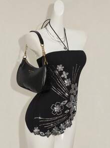 SHEIN ICON 女式夏季挂脖花卉刺绣时尚背心 - 黑色 - 查看 5