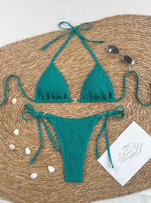 SHEIN 2pcs/Set Women Solid Color Lace-Up Sides Bowknot High Leg Bikini Swimsuit For Beach Vacation For Summer - Teal Blue - View 4