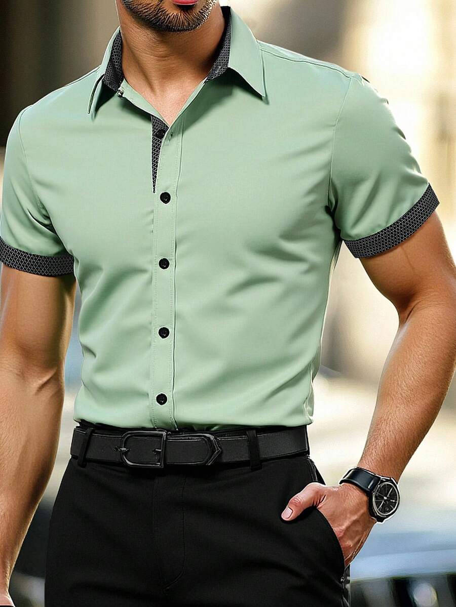 Manfinity Mode 男士休闲时尚拼色短袖衬衫 - 綠色 - 查看 1