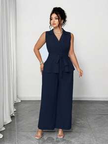 Elenzga Plus Size Women Solid Color V-Neck Blazer And Pants Set, Elegant 2 Pieces Outfit For Spring And Summer - Navy Blue - View 4