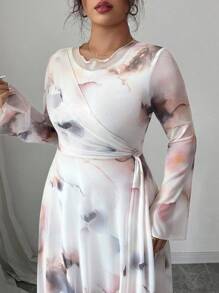 Modelyn Plus Size Women's Mesh Floral Print Long Sleeve Waist Tie Pleated Hem Cute Summer Dress Fall Cloth For Women - Multicolor - View 6