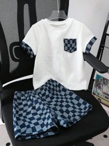 2 件套男童套装：纹理英文字母针织棉上衣和牛仔短裤