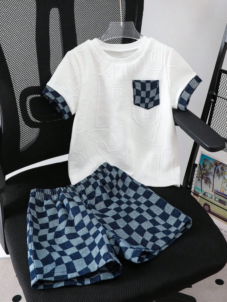 2 件套男童套装：纹理英文字母针织棉上衣和牛仔短裤