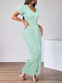 Firerie Vestido de manga corta elegante a rayas para el trabajo diario