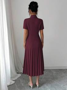 Elenzga Women's French-Style Elegant Office Casual Business Party Short Sleeve Dress, Collared, Metal Button, Empire Waist, High-Quality, Spring/Summer - Maroon - View 2