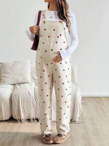 SHEIN 孕妇休闲全身心印花可调节腰部和背部支撑连体裤 - 杏色 - 查看 7