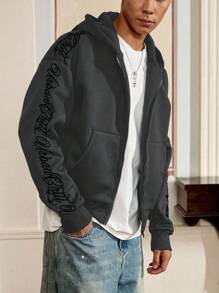 Manfinity VCAY Men's Knit Casual Daily Young Loose English Embroidery Long Sleeve Hooded Sweatshirt, For Fall Winter - Dark Grey - View 3