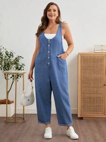 EMERY ROSE Mature Denim Bộ đồ liền thân denim hai túi thường ngày mùa hè cỡ lớn - Rửa trung bình - Xem 4