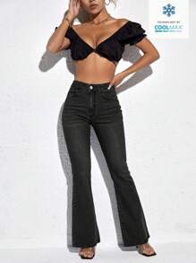 SHEIN PETITE 女士休闲日常喇叭裤 - 黑色 - 查看 5