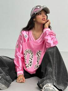Teen Girls' Numeric Leopard Print V-Neck Long Sleeve Loose Sweatshirt - Multicolor - View 4