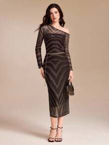 Ishaarah Zebra Printed Transparent Mesh One Shoulder Bodycon Midi Dress With Inner Dress Elegant Party Fall Clothes Homecoming Dress Modest - Brown - View 6